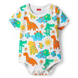 Babyhug 100% Cotton Knit Half Sleeves Striped & Dino Printed Onesies Pack of 3 - Yellow & White