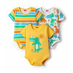 Babyhug 100% Cotton Knit Half Sleeves Striped & Dino Printed Onesies Pack of 3 - Yellow & White