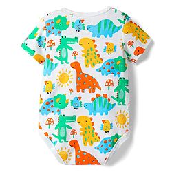 Babyhug 100% Cotton Knit Half Sleeves Striped & Dino Printed Onesies Pack of 3 - Yellow & White