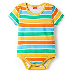 Babyhug 100% Cotton Knit Half Sleeves Striped & Dino Printed Onesies Pack of 3 - Yellow & White