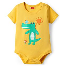 Babyhug 100% Cotton Knit Half Sleeves Striped & Dino Printed Onesies Pack of 3 - Yellow & White