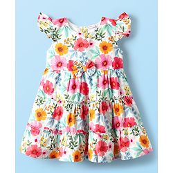Babyhug Cotton Knit Sleeveless Frock With Floral Print & Bow Applique - White