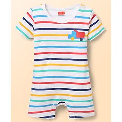 Babyhug 100% Cotton Knit Half Sleeves Striped Rompers with Vehicle Print Pack of 2 - Multicolor