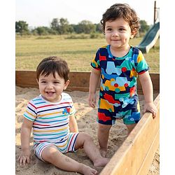 Babyhug 100% Cotton Knit Half Sleeves Striped Rompers with Vehicle Print Pack of 2 - Multicolor