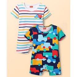Babyhug 100% Cotton Knit Half Sleeves Striped Rompers with Vehicle Print Pack of 2 - Multicolor