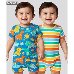 Babyhug 100% Cotton Knit Half Sleeves Striped & Dino Printed Rompers Pack of 2 - Multicolor