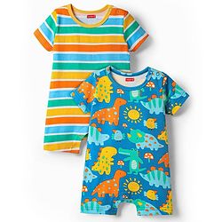 Babyhug 100% Cotton Knit Half Sleeves Striped & Dino Printed Rompers Pack of 2 - Multicolor