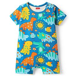 Babyhug 100% Cotton Knit Half Sleeves Striped & Dino Printed Rompers Pack of 2 - Multicolor