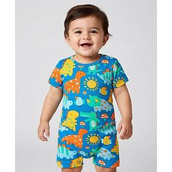 Babyhug 100% Cotton Knit Half Sleeves Striped & Dino Printed Rompers Pack of 2 - Multicolor