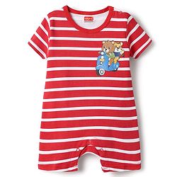 Babyhug 100% Cotton Interlock Knit Half Sleeves Romper with Stripe Design & Animal Print Pack of 2 - Red & Light Blue