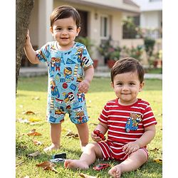 Babyhug 100% Cotton Interlock Knit Half Sleeves Romper with Stripe Design & Animal Print Pack of 2 - Red & Light Blue