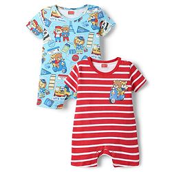 Babyhug 100% Cotton Interlock Knit Half Sleeves Romper with Stripe Design & Animal Print Pack of 2 - Red & Light Blue