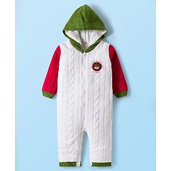 Babyhug Sweater Knit Full Sleeves Winter Wear Hooded Romper With Cable Knit Design & Bear Patch - White Red & Green