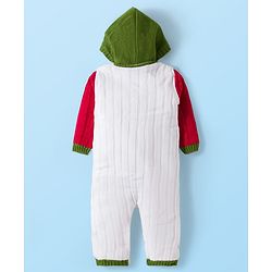 Babyhug Sweater Knit Full Sleeves Winter Wear Hooded Romper With Cable Knit Design & Bear Patch - White Red & Green