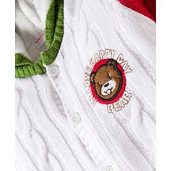 Babyhug Sweater Knit Full Sleeves Winter Wear Hooded Romper With Cable Knit Design & Bear Patch - White Red & Green
