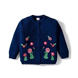 Babyhug Knit Full Sleeves Front Open Sweater with Floral Embroidery - Navy Blue