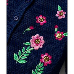 Babyhug Knit Full Sleeves Front Open Sweater with Floral Embroidery - Navy Blue