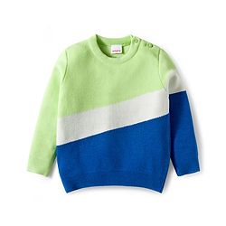 Babyhug Knitted Full Sleeves Pullover Sweater With Color Block Design - Blue Green & White