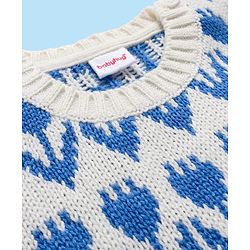 Babyhug Knitted Full Sleeves Drop Shoulder Crop Silhouette Pullover Sweater With Floral Design - White