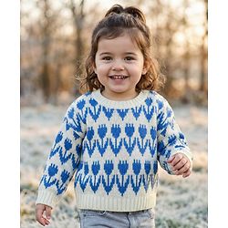 Babyhug Knitted Full Sleeves Drop Shoulder Crop Silhouette Pullover Sweater With Floral Design - White