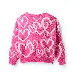 Babyhug Knit Drop Shoulder Full Sleeves Extra Soft Hairy Eyelash Yarn Relaxed Crop Length Fit Pullover Sweater with Heart Design - Pink