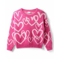 Babyhug Knit Drop Shoulder Full Sleeves Extra Soft Hairy Eyelash Yarn Relaxed Crop Length Fit Pullover Sweater with Heart Design - Pink