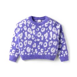 Babyhug Knitted Full Sleeves Sweater Pullover with Cheetah Print - Lavender