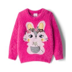 Babyhug Knit Full Sleeves Extra Soft Hairy Yarn Pullover Sweater with Bunny Embroidery - Pink