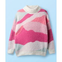 Babyhug Knit Full Sleeves Extra Soft Hairy Eyelash Yarn Turtle Neck Pullover Sweater With Abstract Design - Pink & White