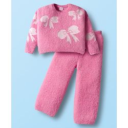 Babyhug Knit Full Sleeves Extra Soft Hairy Yarn Crop Top Sweater Set with Bow Design - Pink