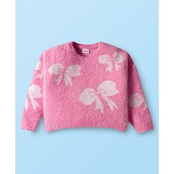 Babyhug Knit Full Sleeves Extra Soft Hairy Yarn Crop Top Sweater Set with Bow Design - Pink