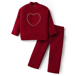 Babyhug Sweater Knit Full Sleeves Winter Wear Top & Palazzo Set With Heart Embroidery - Fuchsia