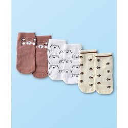 Cute Walk by Babyhug Knit Ankle Length Antibacterial Socks with Bear Design Pack Of 3 - Brown & Cream