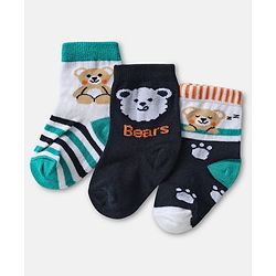 Cute Walk by Babyhug Knit Ankle Length Antibacterial Socks with Bear & Stripe Design Pack Of 3 - Navy Blue &  Green