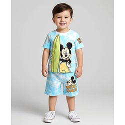 Babyhug Disney  Single Jersey Knit Half Drop Shoulder Sleeves Tie & Dye Oversized T-Shirt & Shorts Set with Mickey Mouse Graphics - Light Blue