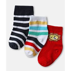 Cute Walk by Babyhug Knit Ankle Length Antibacterial Socks with Lion & Stripe Design Pack Of 3 - Rust Orange & White