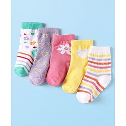 Cute Walk by Babyhug Knit Ankle Length Anti Bacterial Socks With Floral & Heart Design Pack of 5 - Multicolor
