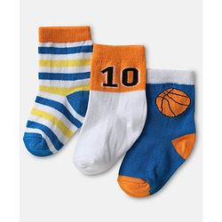Cute Walk by Babyhug Knit Ankle Length Antibacterial Socks with Game Theme Print & Stripe Design Pack Of 3 - Blue Orange & White
