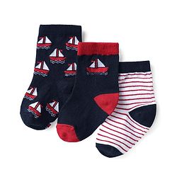 Cute Walk by Babyhug Knit Ankle Length Antibacterial Socks with Nautical Print & Stripe Design Pack Of 3 - Navy Blue Red & White