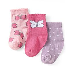 Cute Walk by Babyhug Knit Ankle Length Antibacterial Socks with Butterfly & Polka Dot Design Pack Of 3 - Pink & Lavender