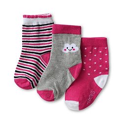 Cute Walk by Babyhug Knit Ankle Length Antibacterial Socks with Stripes & Polka Dot Design Pack Of 3 - Dark Pink & Grey