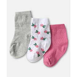 Cute Walk by Babyhug Knit Ankle Length Antibacterial Socks with Floral Design Pack Of 3 - Pink White & Grey