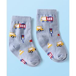 Cute Walk By Babyhug Cotton Knit Ankle Length Anti Bacterial Socks With Stripes & Vehicles Design Pack Of 5 - Multi Colour