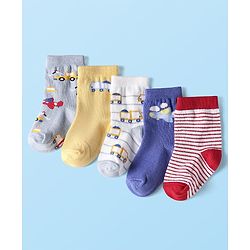 Cute Walk By Babyhug Cotton Knit Ankle Length Anti Bacterial Socks With Stripes & Vehicles Design Pack Of 5 - Multi Colour