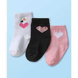 Cute Walk by Babyhug Ankle Length Anti Bacterial Sock with Heart Design Pack of 3 - White Pink & Black