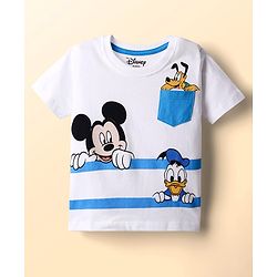 Babyhug Disney Single Jersey Knit Half Sleeves T-Shirt & Denim Shorts With Suspender Set With Mickey & Friends Graphics - White & Blue