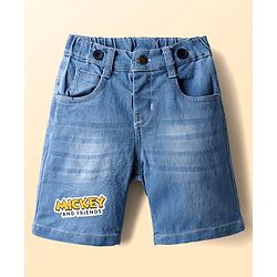 Babyhug Disney Single Jersey Knit Half Sleeves T-Shirt & Denim Shorts With Suspender Set With Mickey & Friends Graphics - White & Blue