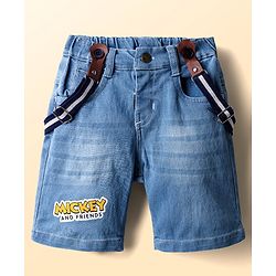 Babyhug Disney Single Jersey Knit Half Sleeves T-Shirt & Denim Shorts With Suspender Set With Mickey & Friends Graphics - White & Blue