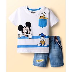 Babyhug Disney Single Jersey Knit Half Sleeves T-Shirt & Denim Shorts With Suspender Set With Mickey & Friends Graphics - White & Blue