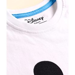 Babyhug Disney Single Jersey Knit Half Sleeves T-Shirt & Denim Shorts With Suspender Set With Mickey & Friends Graphics - White & Blue
